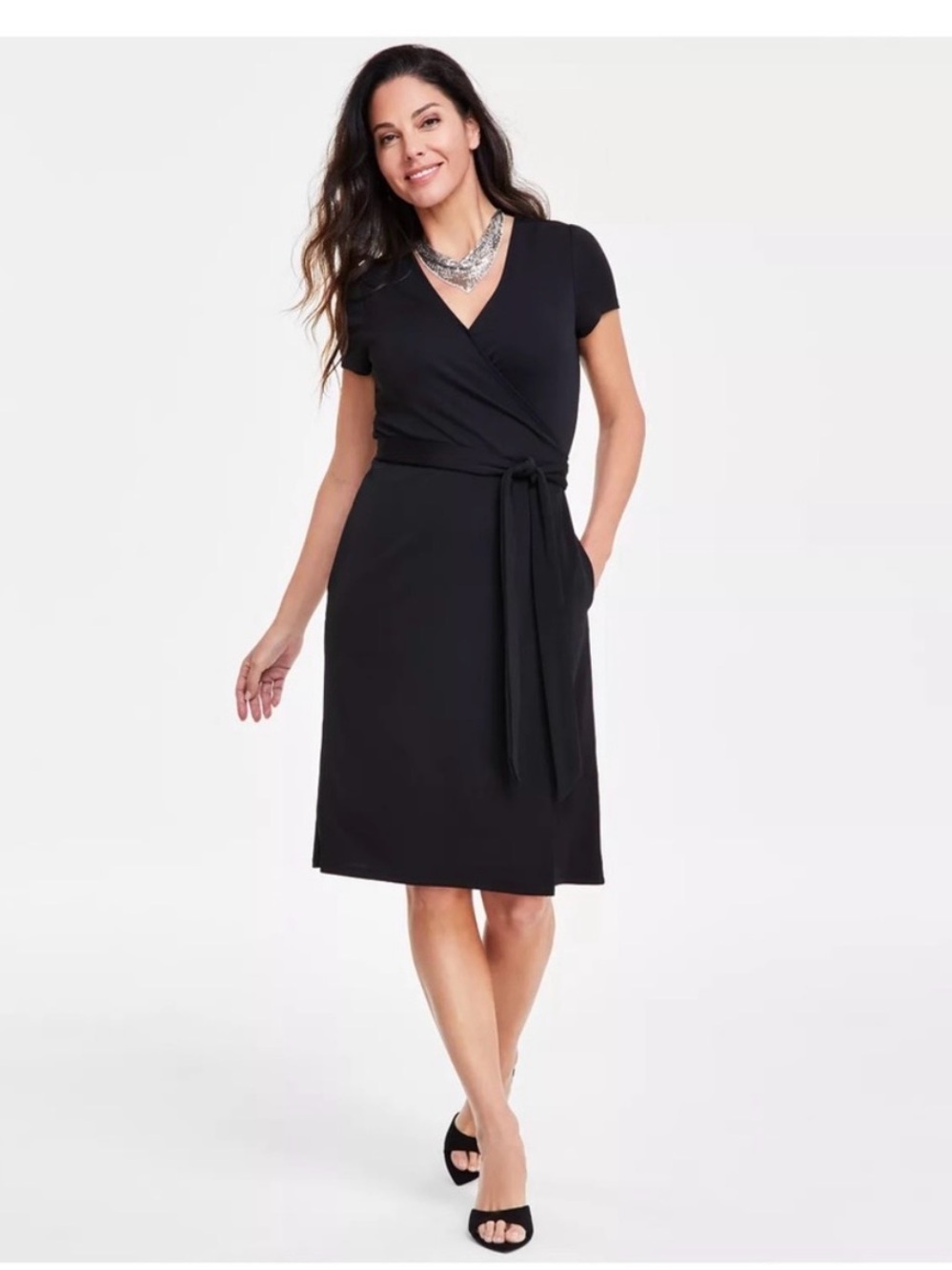 INC International Concepts Black Wrap-Front Midi Dress